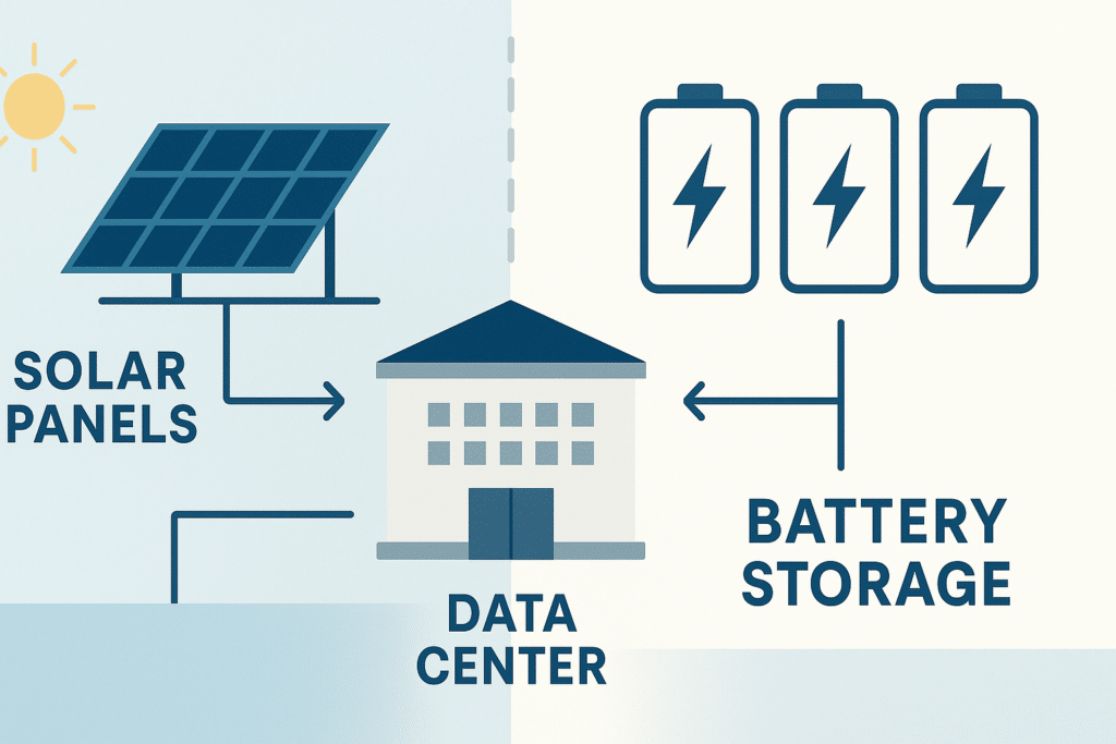 Infographic of solar panels and batteries supplying renewable energy to a data center.