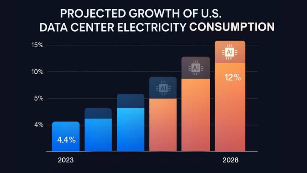 Chart showing projected growth of data center electricity consumption in the United States from 4.4% in 2023 to potentially 12% by 2028