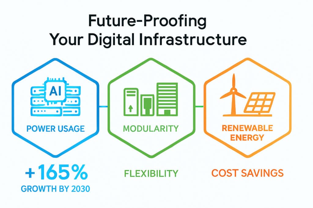 Infographic showing three key future-proofing strategies: AI-driven demand planning (165% growth by 2030), flexible modular approaches (40-60% faster deployment), and energy-as-a-service models (reducing $1M+ outage costs).