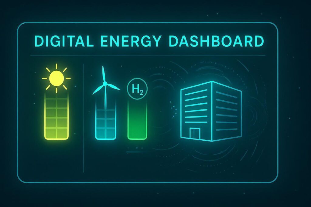 Digital dashboard illustrating solar, wind, and green hydrogen inputs for a data center’s energy system.