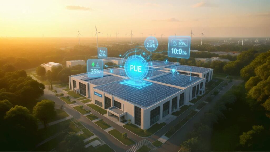 Modern data center campus implementing energy efficiency best practices with integrated solar panels and holographic performance metrics