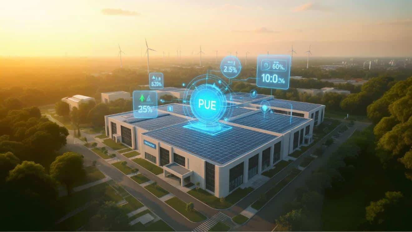 Modern data center campus implementing energy efficiency best practices with integrated solar panels and holographic performance metrics