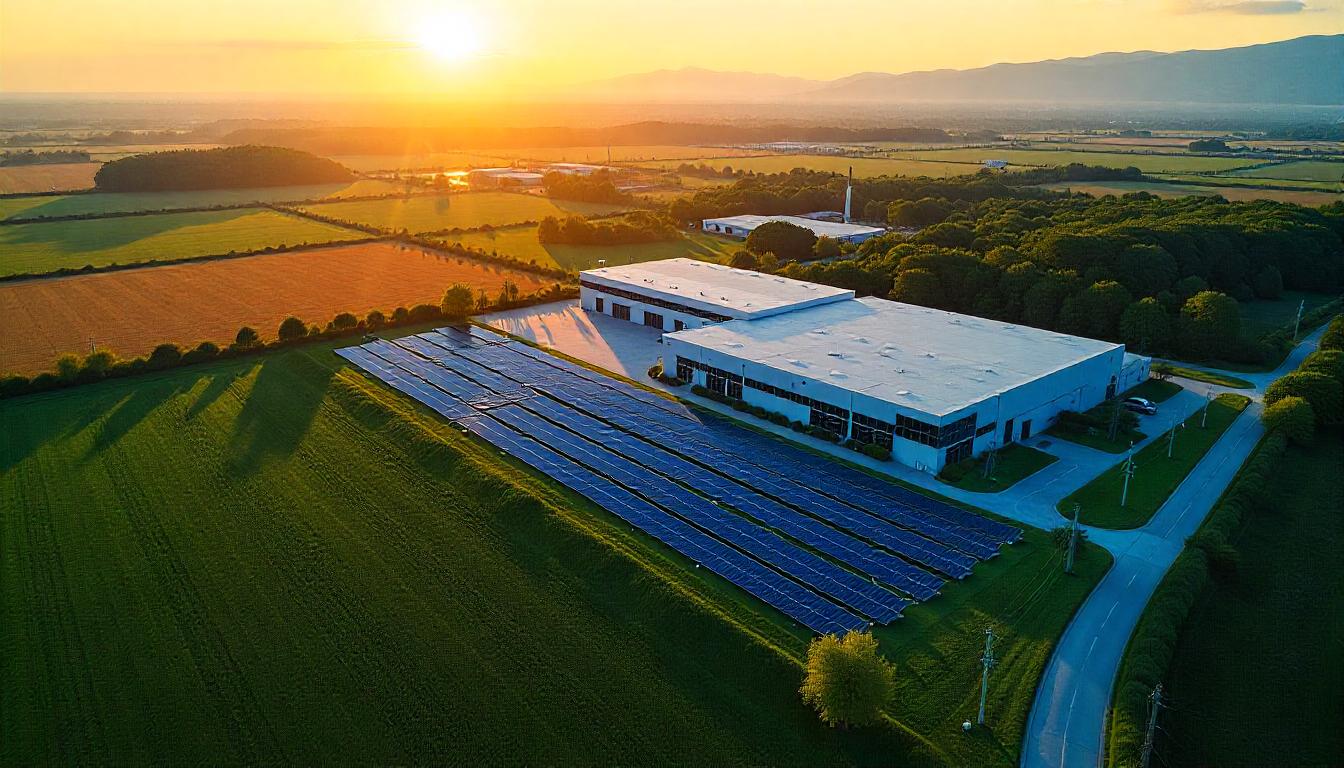 Aerial view of a solar farm directly powering a modern data center campus through visible transmission infrastructure during sunset.