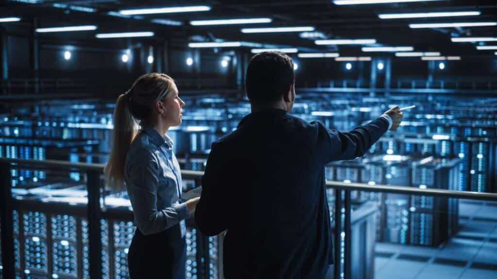 two workers making decisions inside a data center facility.