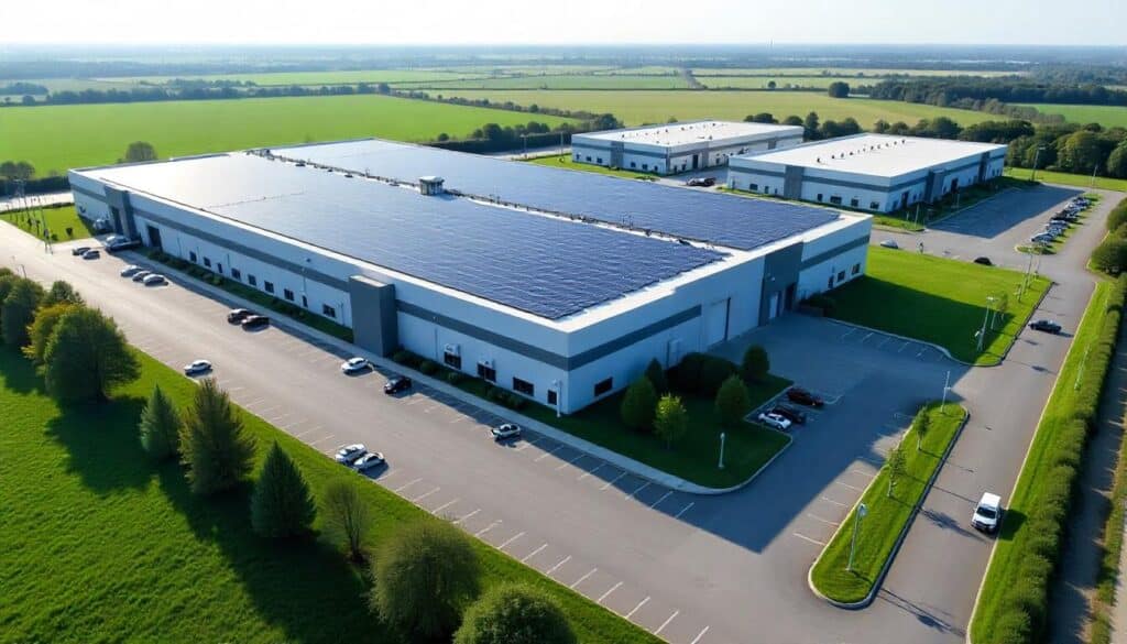 Aerial view of integrated energy campus with data center, solar arrays, and battery storage infrastructure
