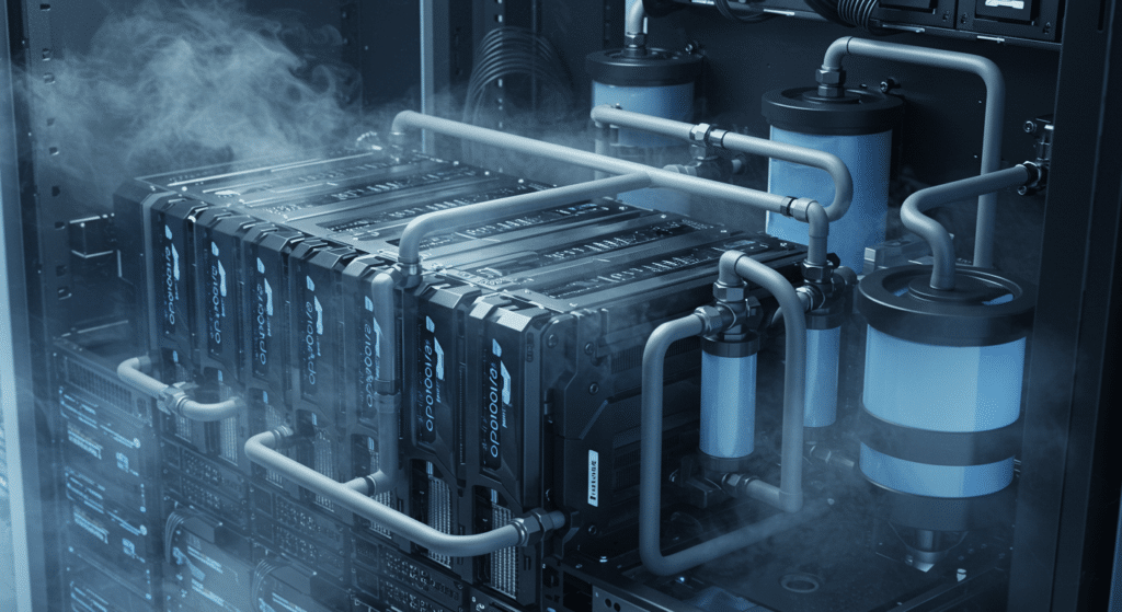 Liquid cooling systems used to reduce energy demand in AI data center operations.
