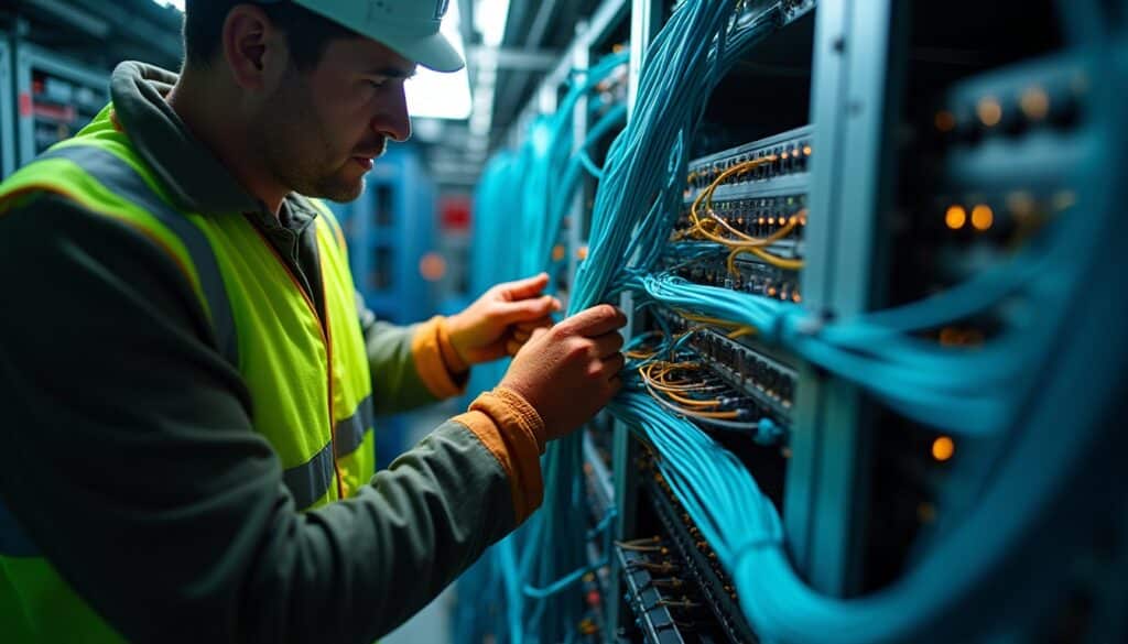 Network technicians installing fiber optic infrastructure for digital infrastructure provider connectivity