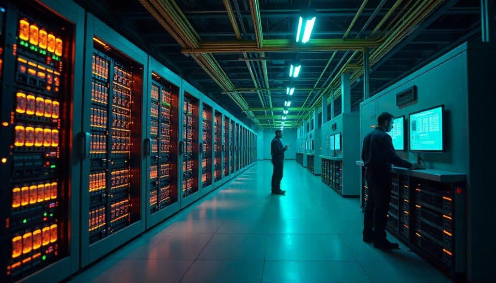GPU server clusters showing high-density compute energy requirements in AI data center