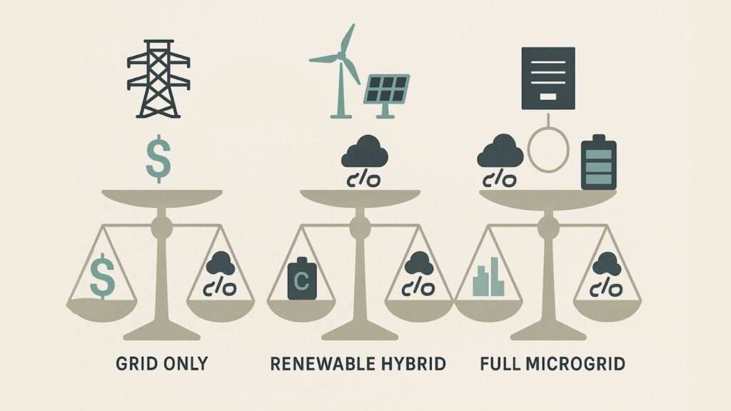 Diagram showing balancing cost, carbon emissions, and energy capacity in AI data center planning.