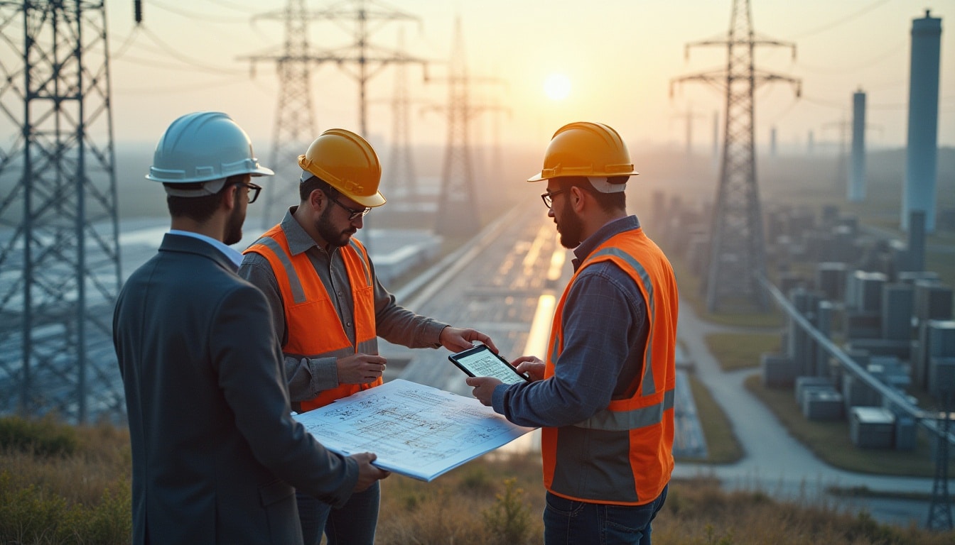Engineers reviewing digital infrastructure plans at a modern data center campus with solar power and transmission infrastructure