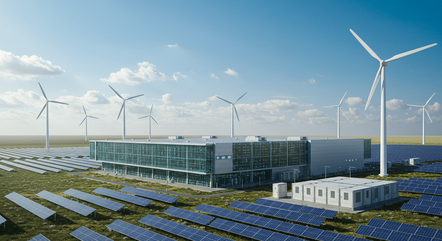 A high-tech data center powered by solar panels, wind turbines, and battery storage, symbolizing renewable energy for data centers.