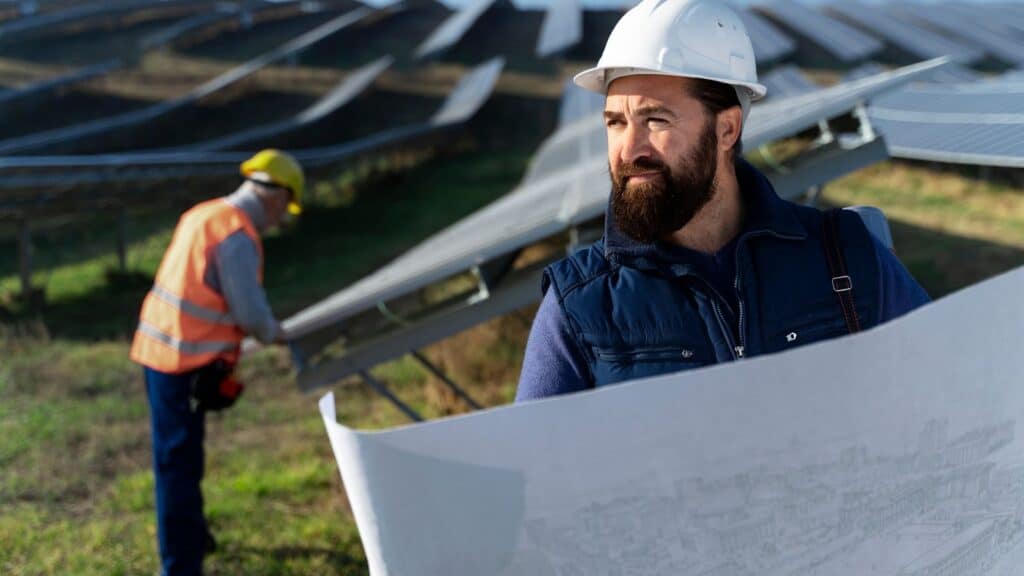 Technicians inspecting solar panels while developing an AI data center.