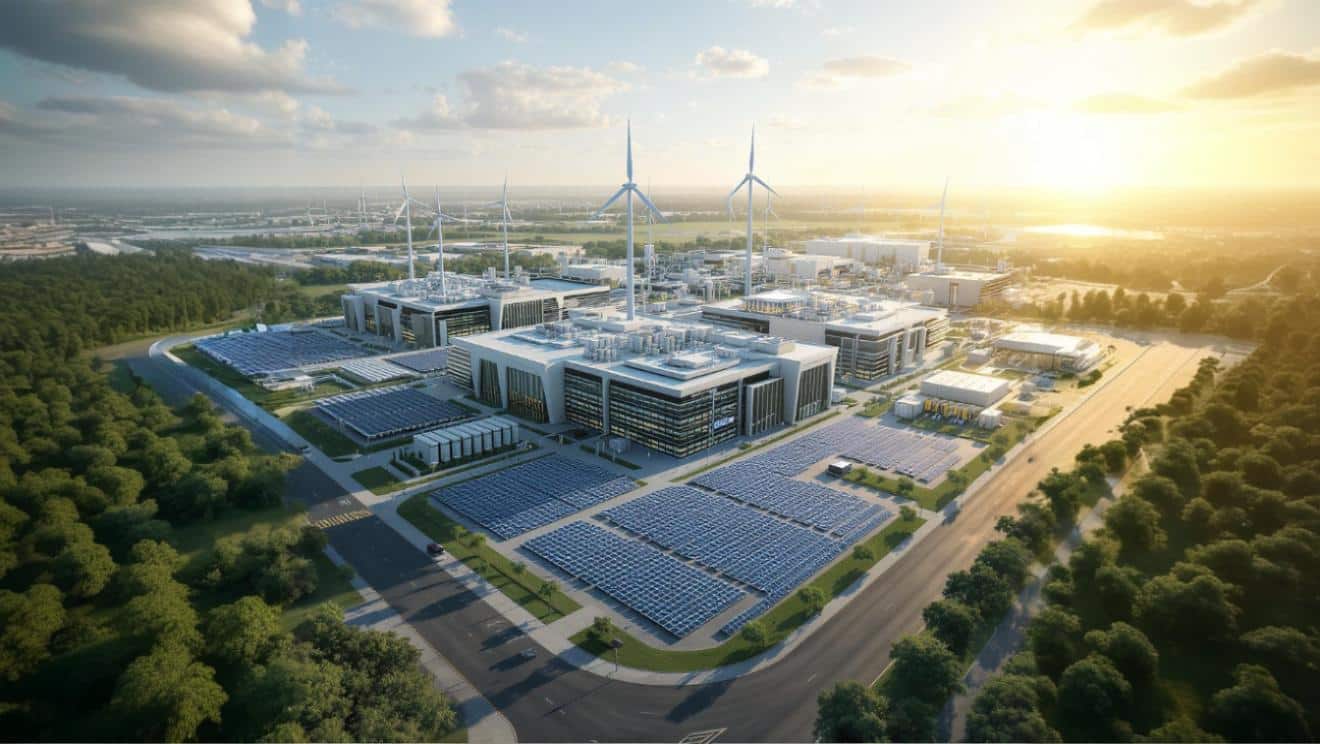 Modern data center campus with integrated renewable energy infrastructure showing the future of sustainable digital infrastructure planning
