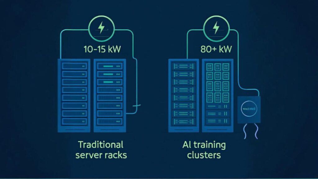 Comparison of traditional data center power consumption versus AI workload infrastructure requirements showing increased energy demands