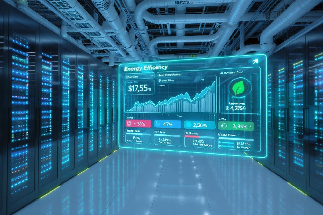 Modern data center with energy efficiency monitoring dashboard showing power optimization metrics