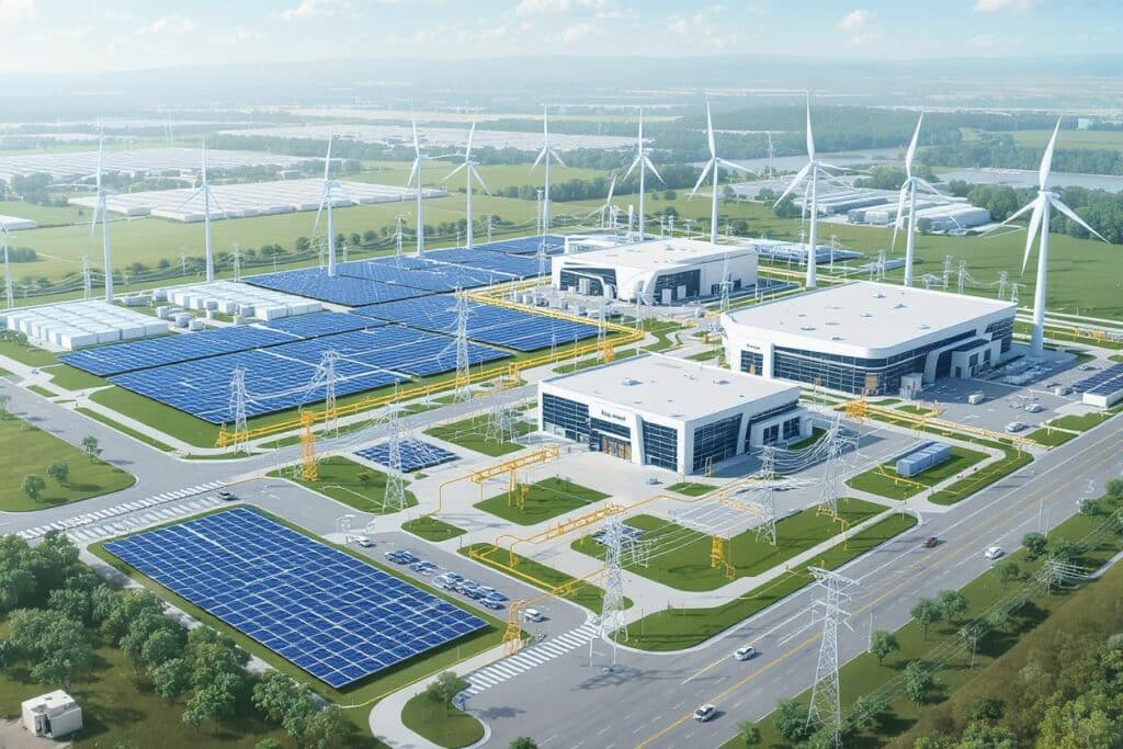 Aerial view of renewable energy campus with solar, wind, and battery storage powering data center