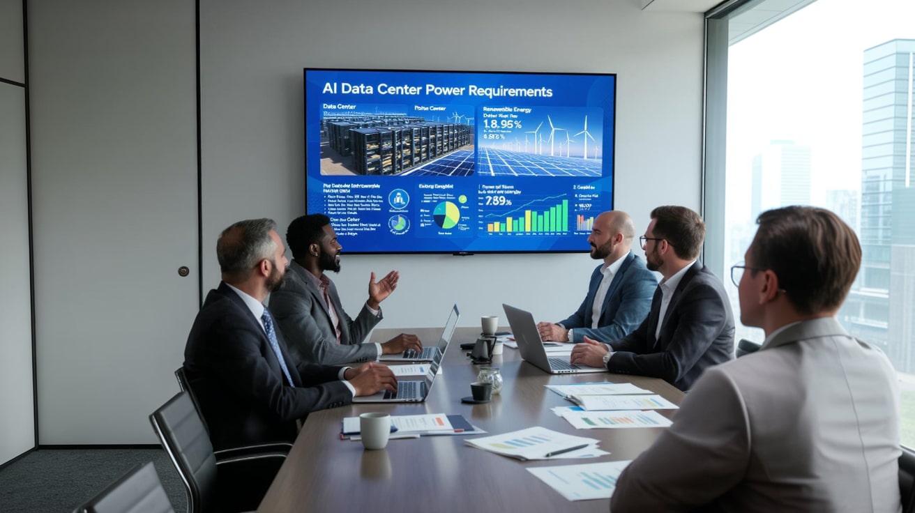 Business executives discussing AI data center power requirements and renewable energy solutions in modern conference room