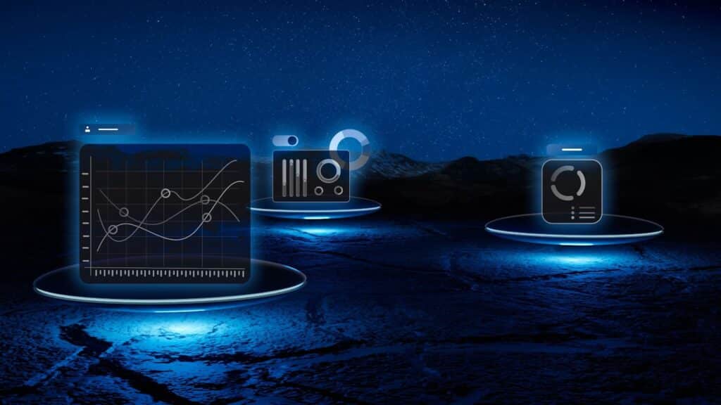 Futuristic digital infrastructure solutions showing holographic analytics dashboards and monitoring systems for business efficiency