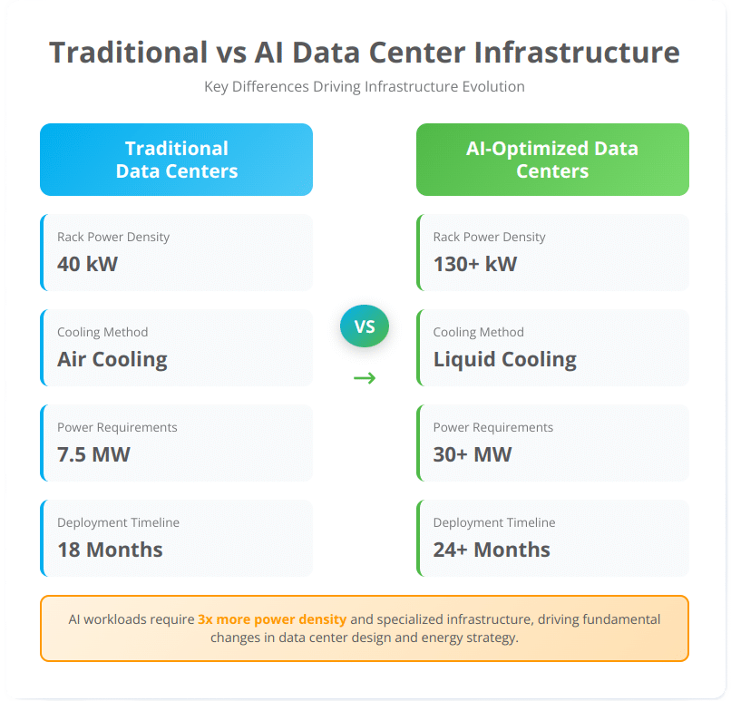 Infrastructure comparison infographic showing traditional data centers vs AI-optimized data centers with power density and cooling differences