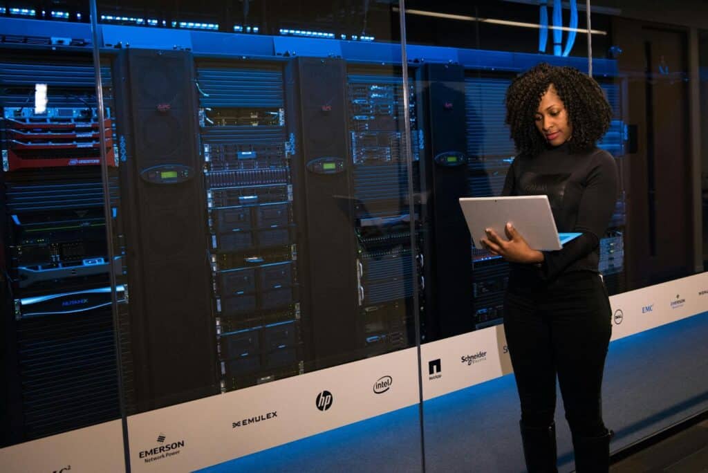 High-density AI server infrastructure with advanced power distribution and cooling systems