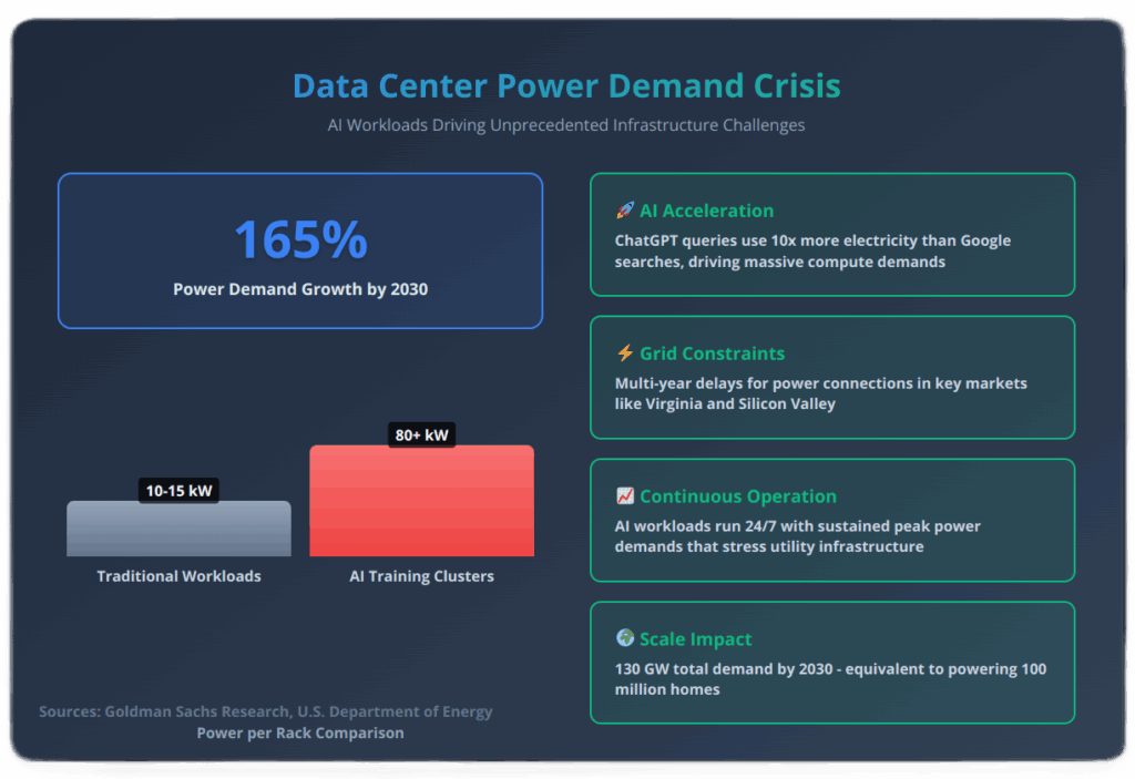 Infographic showing data center power demand crisis with 165% growth by 2030, comparing traditional 10-15 kW workloads versus 80+ kW AI training clusters, highlighting grid constraints and infrastructure challenges