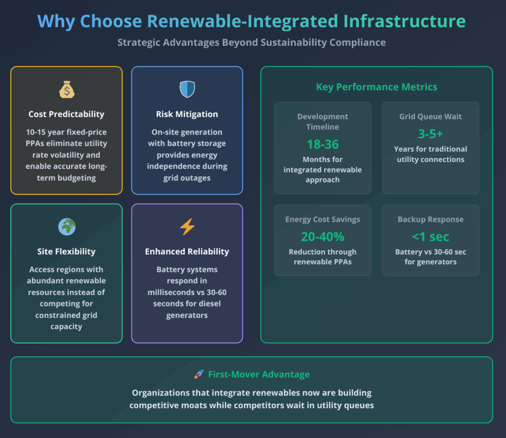 Infographic showing data center power demand crisis with 165% growth by 2030, comparing traditional 10-15 kW workloads versus 80+ kW AI training clusters, highlighting grid constraints and infrastructure challenges