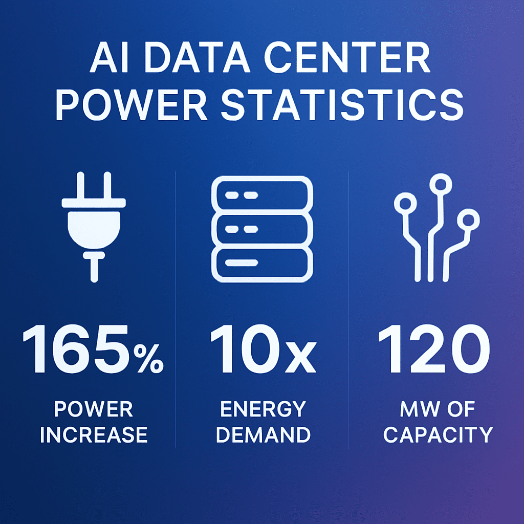 AI data center power requirements infographic showing 165% increase by 2030, 10x energy per ChatGPT query vs Google search, and 120 homes equivalent for large AI model